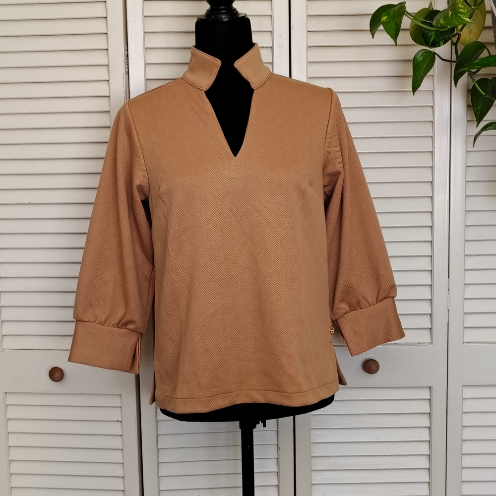 NWT Mary Square Brown Latte Jocelyn Top Unique Collar Blouse Size XS